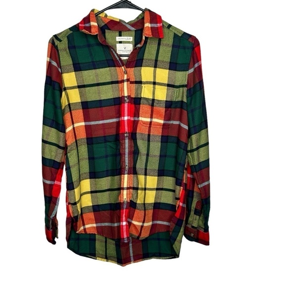 American Eagle Outfitters Shirt Women's XS Yellow Multicolor Flannel Button Up - Picture 1 of 4